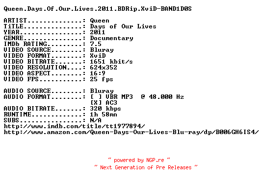 NFO for the release Queen.Days.Of.Our.Lives.2011.BDRip.XviD-BAND1D0S by BAND1D0S