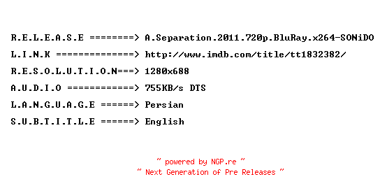 NFO for the release A.Separation.2011.720p.BluRay.x264-SONiDO by SONiDO