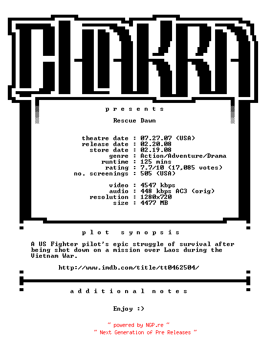 NFO for the release Rescue.Dawn.720p.Bluray.x264-Chakra by Chakra