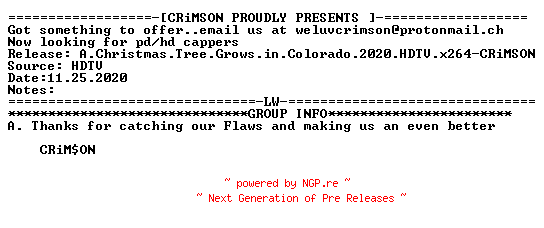 NFO for the release A.Christmas.Tree.Grows.in.Colorado.2020.HDTV.x264-CRiMSON by CRiMSON