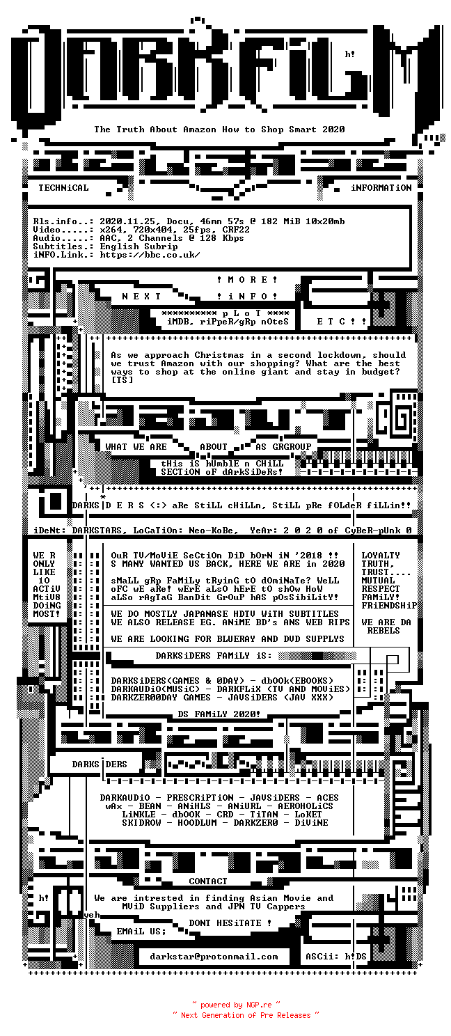 NFO for the release The.Truth.About.Amazon.How.to.Shop.Smart.2020.HDTV.x264-DARKFLiX by DARKFLiX
