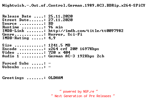 NFO for the release Nightwish.-.Out.of.Control.German.1989.AC3.BDRip.x264-SPiCY by SPiCY
