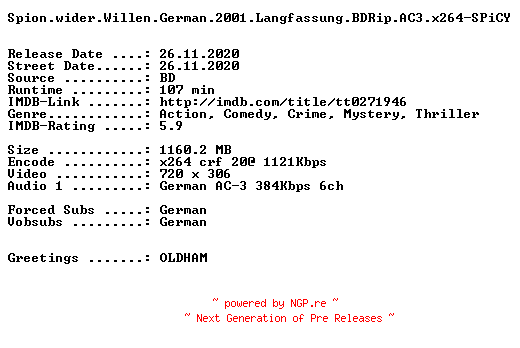 NFO for the release Spion.wider.Willen.German.2001.Langfassung.BDRip.AC3.x264-SPiCY by SPiCY