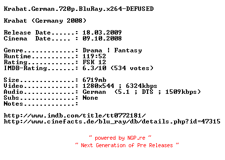 NFO for the release Krabat.German.720p.BluRay.x264-DEFUSED by DEFUSED