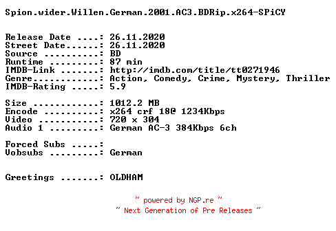 NFO for the release Spion.wider.Willen.German.2001.AC3.BDRip.x264-SPiCY by SPiCY