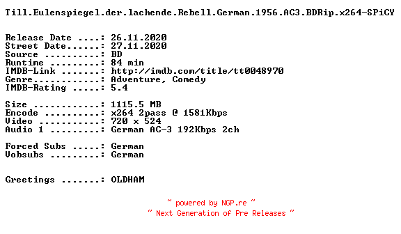 NFO for the release Till.Eulenspiegel.der.lachende.Rebell.German.1956.AC3.BDRip.x264-SPiCY by SPiCY