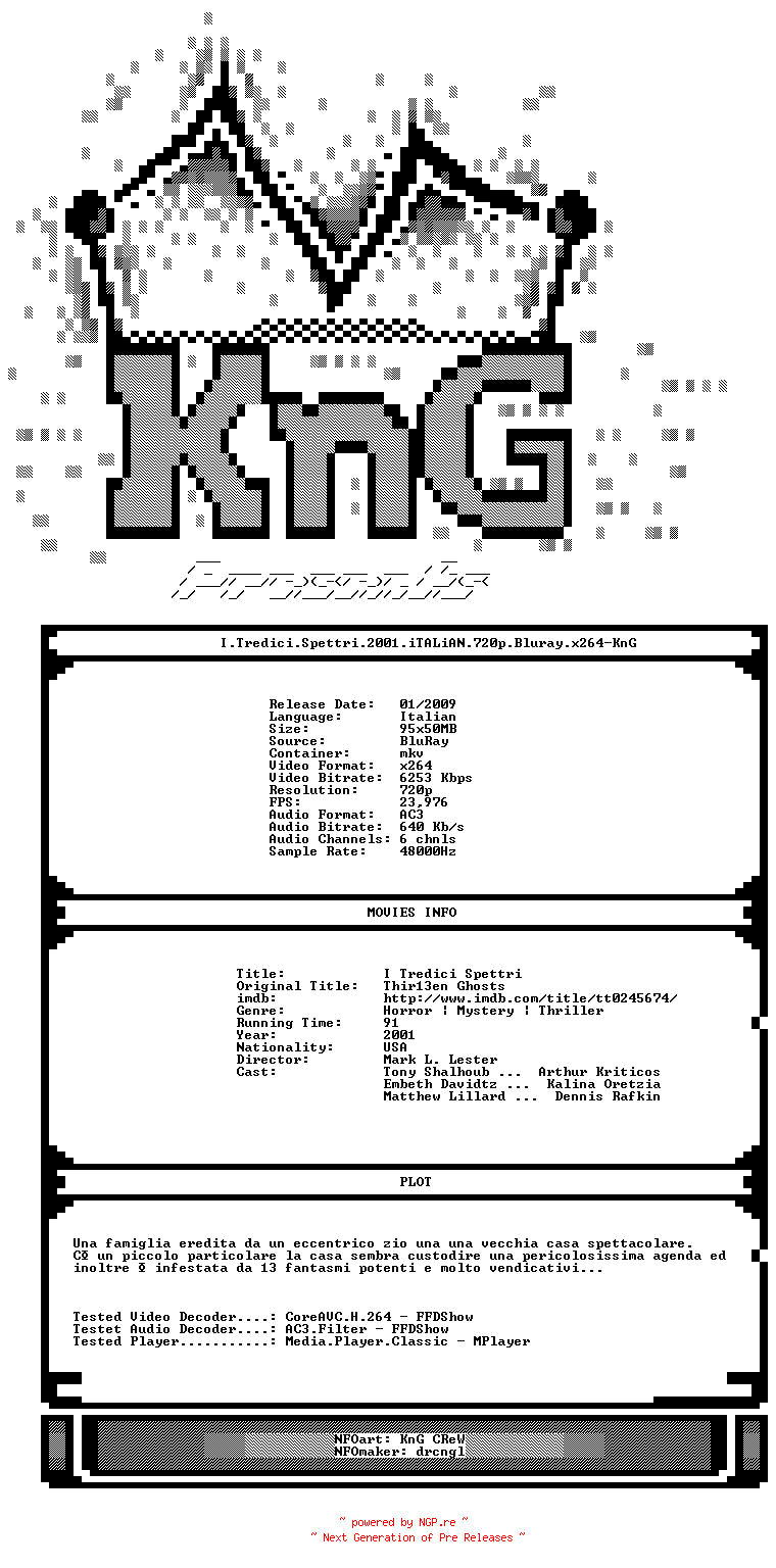 NFO for the release I.Tredici.Spettri.2001.iTALiAN.720p.Bluray.x264-KnG by KnG
