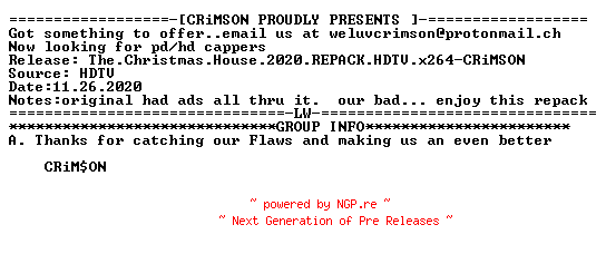 NFO for the release The.Christmas.House.2020.REPACK.HDTV.x264-CRiMSON by CRiMSON