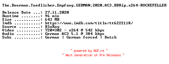 NFO for the release The.Doorman.Toedlicher.Empfang.GERMAN.2020.AC3.BDRip.x264-ROCKEFELLER by ROCKEFELLER