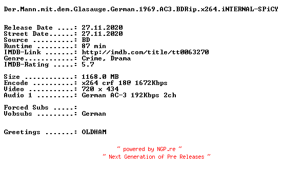 NFO for the release Der.Mann.mit.dem.Glasauge.German.1969.AC3.BDRip.x264.iNTERNAL-SPiCY by SPiCY