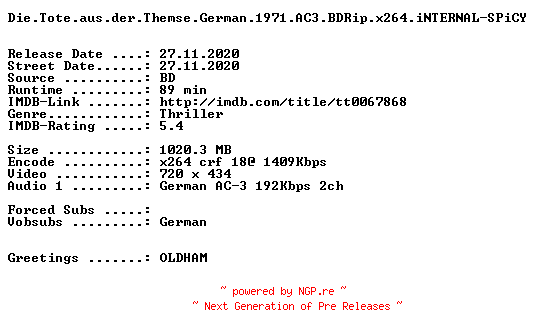 NFO for the release Die.Tote.aus.der.Themse.German.1971.AC3.BDRip.x264.iNTERNAL-SPiCY by SPiCY