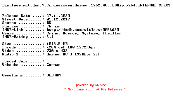 NFO for the release Die.Tuer.mit.den.7.Schloessern.German.1962.AC3.BDRip.x264.iNTERNAL-SPiCY by SPiCY