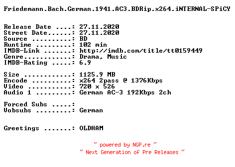 NFO for the release Friedemann.Bach.German.1941.AC3.BDRip.x264.iNTERNAL-SPiCY by SPiCY