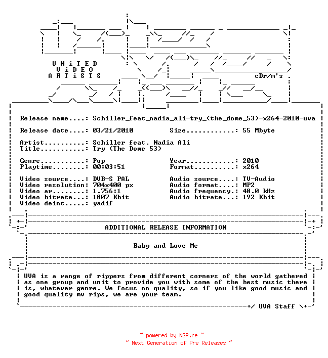 NFO for the release Schiller_feat_nadia_ali-try_(the_dome_53)-x264-2010-uva by uva