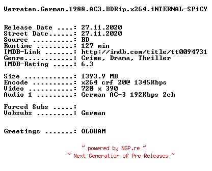 NFO for the release Verraten.German.1988.AC3.BDRip.x264.iNTERNAL-SPiCY by SPiCY
