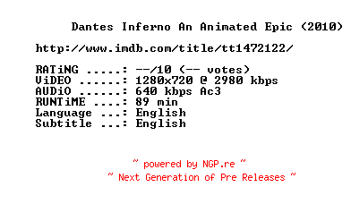 NFO for the release Dantes.Inferno.An.Animated.Epic.2010.720p.BluRay.x264-MELiTE by MELiTE