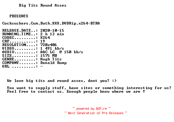 NFO for the release Cocksuckers.Cum.Bath.XXX.DVDRip.x264-BTRA by BTRA
