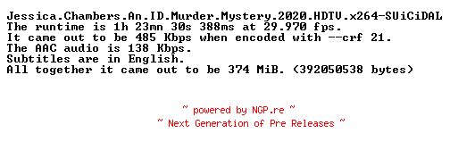 NFO for the release Jessica.Chambers.An.ID.Murder.Mystery.2020.HDTV.x264-SUiCiDAL by SUiCiDAL