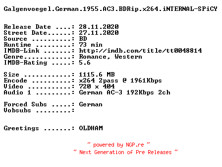 NFO for the release Galgenvoegel.German.1955.AC3.BDRip.x264.iNTERNAL-SPiCY by SPiCY