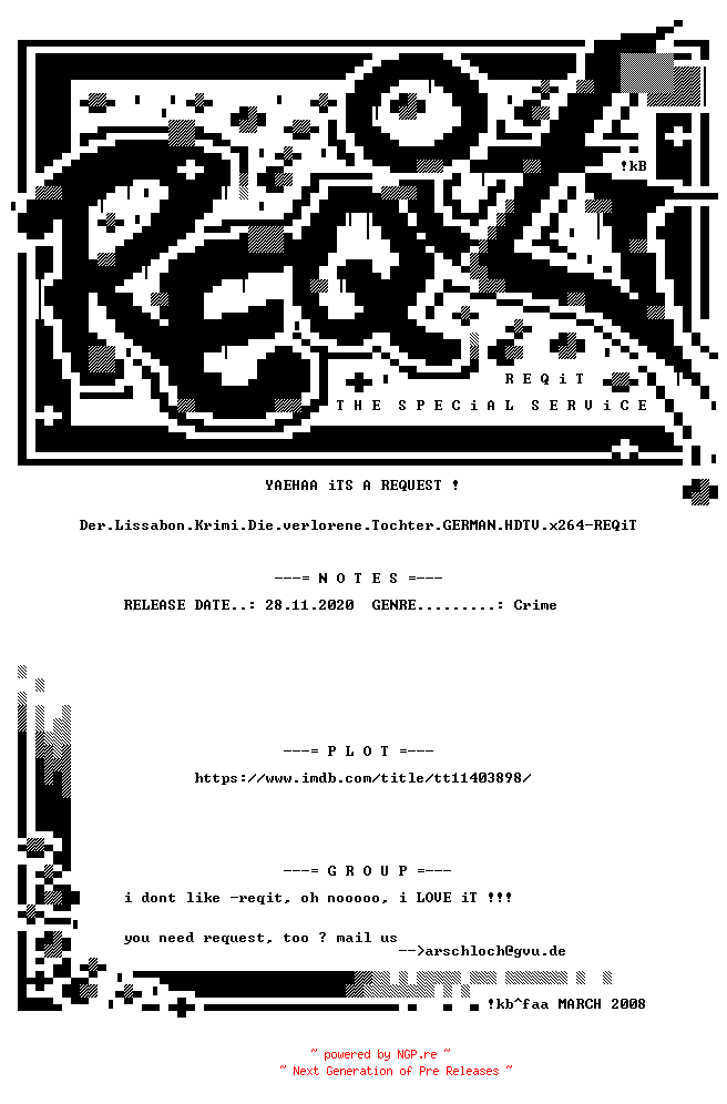 NFO for the release Der.Lissabon.Krimi.Die.verlorene.Tochter.GERMAN.HDTV.x264-REQiT by REQiT