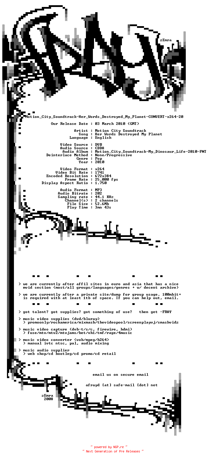 NFO for the release Motion_City_Soundtrack-Her_Words_Destroyed_My_Planet-CONVERT-x264-2010-FRAY by FRAY
