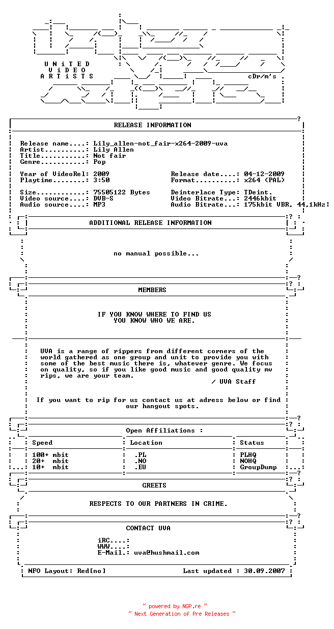 NFO for the release Lily_allen-not_fair-x264-2009-uva by uva