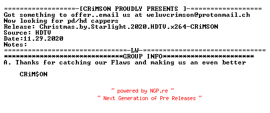 NFO for the release Christmas.by.Starlight.2020.HDTV.x264-CRiMSON by CRiMSON