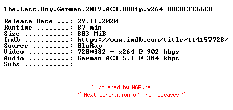 NFO for the release The.Last.Boy.German.2019.AC3.BDRip.x264-ROCKEFELLER by ROCKEFELLER