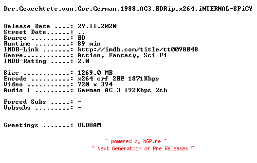 NFO for the release Der.Geaechtete.von.Gor.German.1988.AC3.BDRip.x264.iNTERNAL-SPiCY by SPiCY