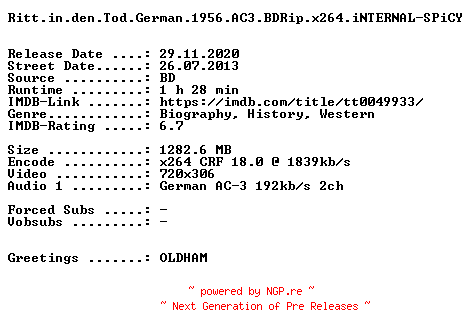 NFO for the release Ritt.in.den.Tod.German.1956.AC3.BDRip.x264.iNTERNAL-SPiCY by SPiCY