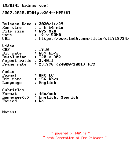 NFO for the release 2067.2020.BDRip.x264-iMPRiNT by iMPRiNT