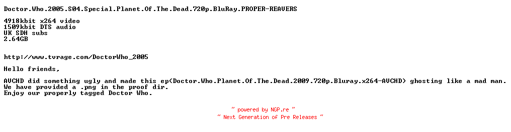 NFO for the release Doctor.Who.2005.S04.Special.Planet.Of.The.Dead.720p.BluRay.PROPER-REAVERS by REAVERS