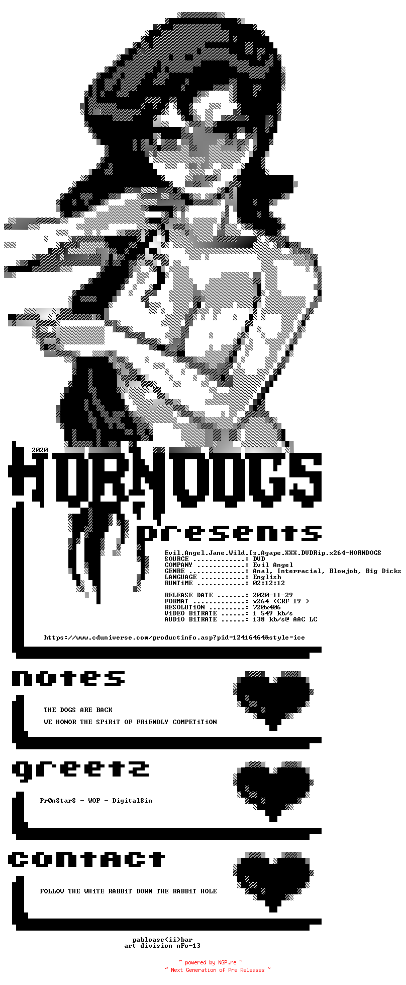 NFO for the release Evil.Angel.Jane.Wild.Is.Agape.XXX.DVDRip.x264-HORNDOGS by HORNDOGS