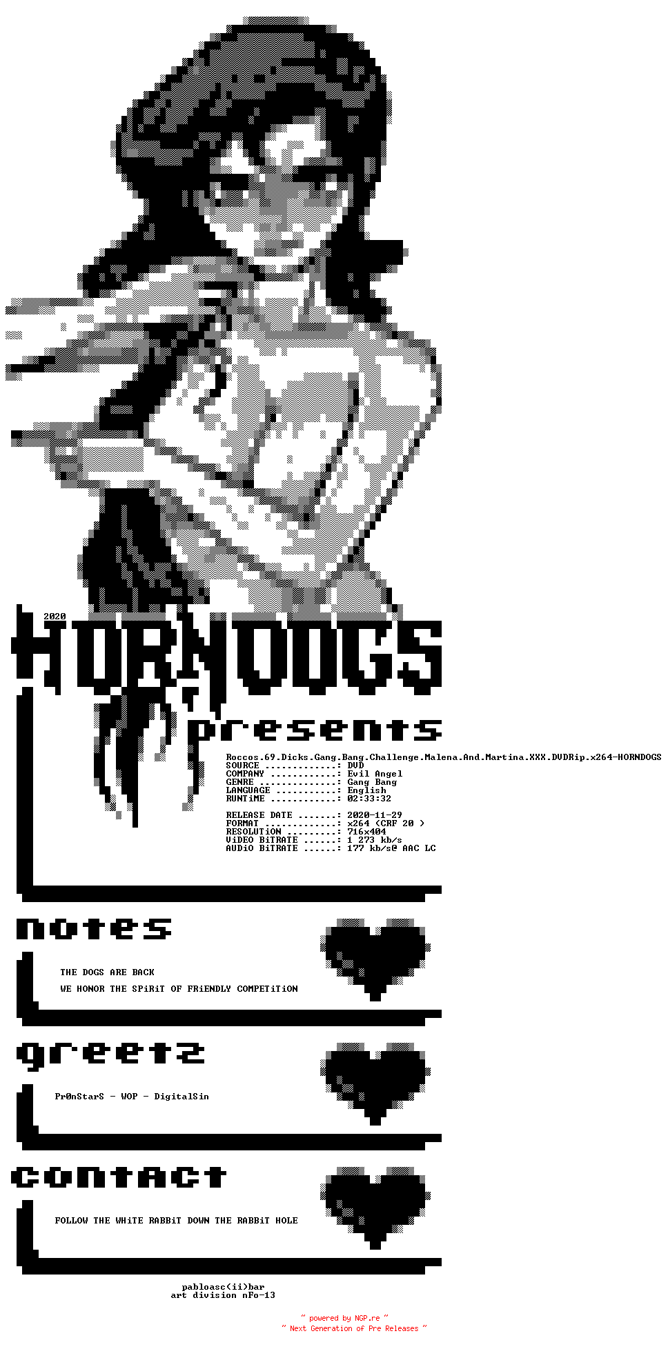 NFO for the release Roccos.69.Dicks.Gang.Bang.Challenge.Malena.And.Martina.XXX.DVDRip.x264-HORNDOGS by HORNDOGS