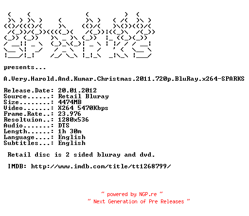 NFO for the release A.Very.Harold.And.Kumar.Christmas.2011.720p.BluRay.x264-SPARKS by SPARKS