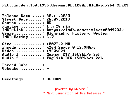 NFO for the release Ritt.in.den.Tod.1956.German.DL.1080p.BluRay.x264.REPACK-SPiCY by SPiCY