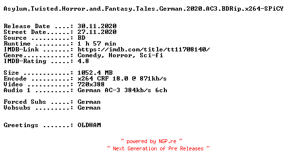 NFO for the release Asylum.Twisted.Horror.and.Fantasy.Tales.German.2020.AC3.BDRip.x264-SPiCY by SPiCY