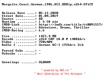NFO for the release Mosquito.Coast.German.1986.AC3.BDRip.x264-SPiCY by SPiCY