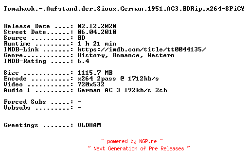 NFO for the release Tomahawk.-.Aufstand.der.Sioux.German.1951.AC3.BDRip.x264-SPiCY by SPiCY