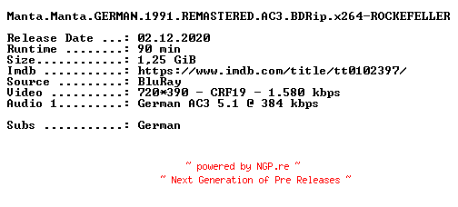 NFO for the release Manta.Manta.GERMAN.1991.REMASTERED.AC3.BDRip.x264-ROCKEFELLER by ROCKEFELLER