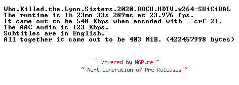 NFO for the release Who.Killed.the.Lyon.Sisters.2020.DOCU.HDTV.x264-SUiCiDAL by SUiCiDAL