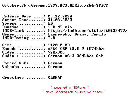 NFO for the release October.Sky.German.1999.AC3.BDRip.x264-SPiCY by SPiCY