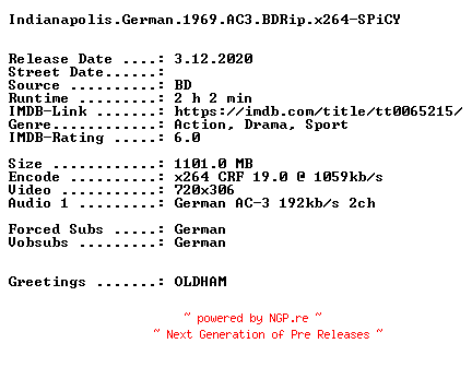 NFO for the release Indianapolis.German.1969.AC3.BDRip.x264-SPiCY by SPiCY