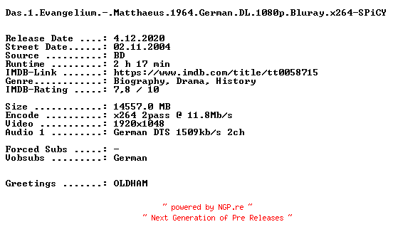NFO for the release Das.1.Evangelium.-.Matthaeus.1964.German.DL.1080p.Bluray.x264.REPACK-SPiCY by SPiCY