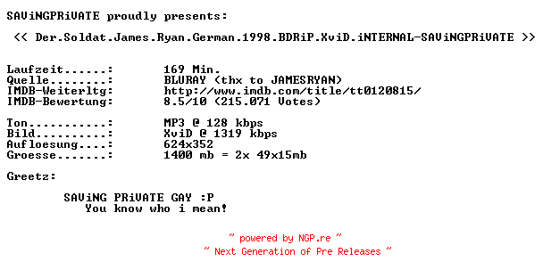 NFO for the release Der.Soldat.James.Ryan.German.1998.BDRiP.XviD.iNTERNAL-SAViNGPRiVATE by SAViNGPRiVATE