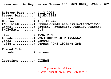 NFO for the release Jason.und.die.Argonauten.German.1963.AC3.BDRip.x264-SPiCY by SPiCY