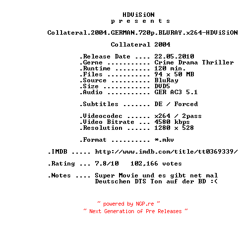 NFO for the release Collateral.2004.GERMAN.720p.BLURAY.x264-HDViSiON by HDViSiON