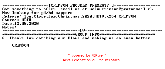 NFO for the release Too.Close.for.Christmas.2020.HDTV.x264-CRiMSON by CRiMSON