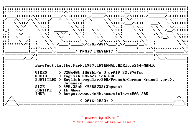 NFO for the release Barefoot.in.the.Park.1967.iNTERNAL.BDRip.x264-MANiC by MANiC