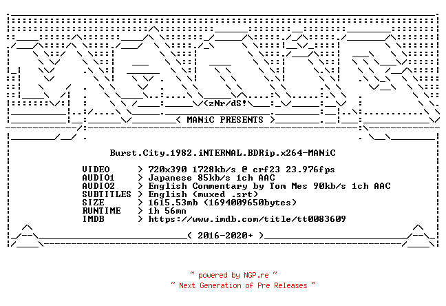 NFO for the release Burst.City.1982.iNTERNAL.BDRip.x264-MANiC by MANiC